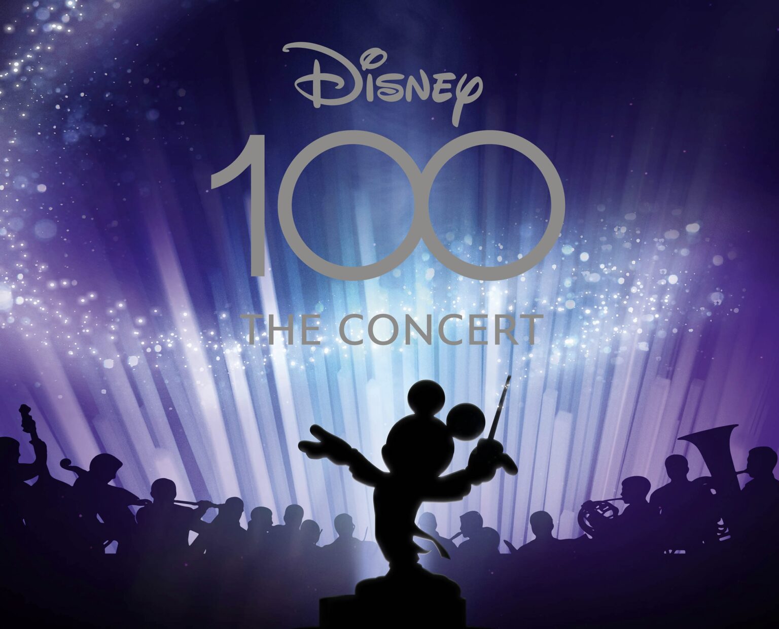 A poster for D100: The Concert, which shows a silhouette of Micky Mouse conducting an orchestra.
