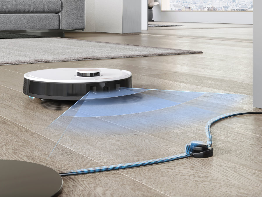 White DEEBOT OZMO t8 smart vacuum using truedetect technology to identify a wire