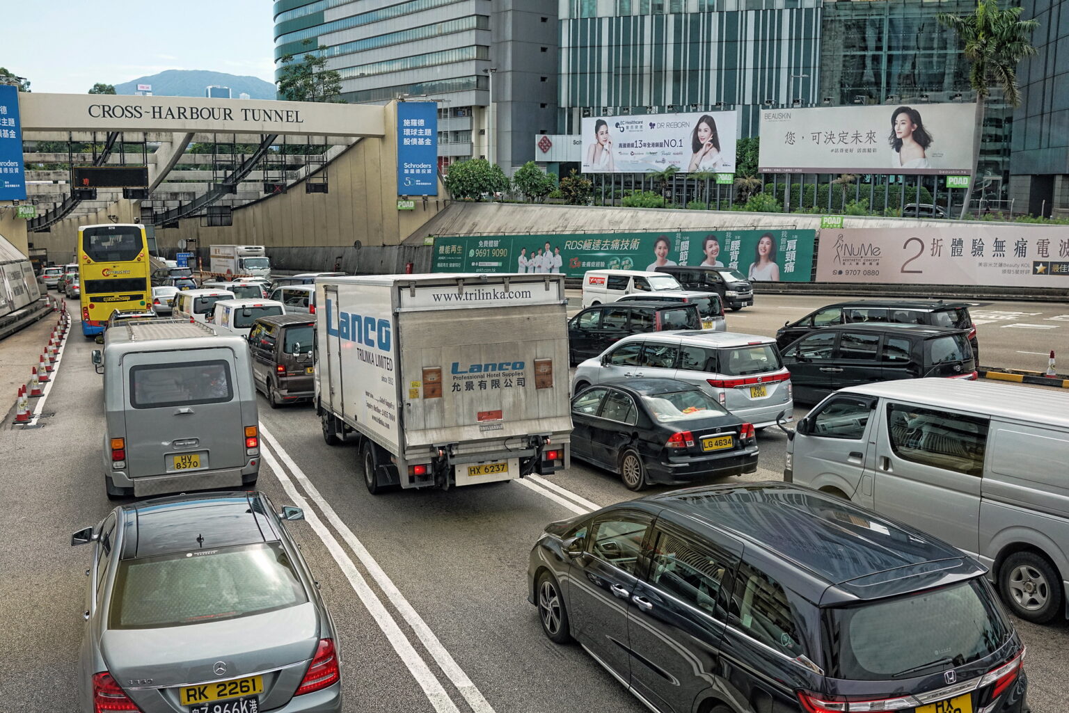 Traffic congestion at the entrabnce of the Cross-Harbour Tunnel in Hong Kong.