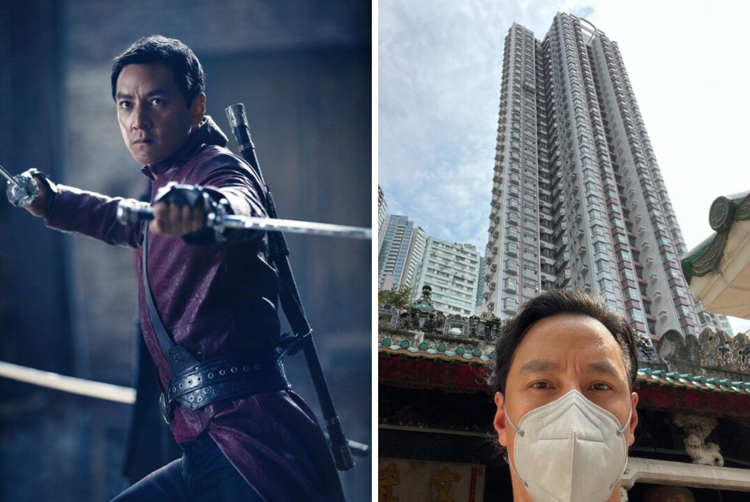 A collage showing two images of Hong Kong actor Daniel Wu. On the left is an image of Daniel from an action film. On the right is a selfie of Daniel wearing a mask standing in front of a Hong Kong high-rise apartment building.