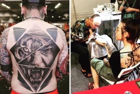 Hong Kong China International Tattoo Convention Returns After 4-Year Hiatus, From August 25-27 An attendee at the Hong Kong China shows off his tattoos to spectators. A tattoo artist inks a tattoo on a customer's leg.