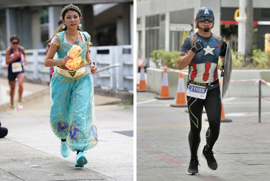 A collage showing participants in the Hong Kong Streetathon wearing costumes during the event. On the left is a woman dressed as Princess Jasmine and on the right is a man dressed as Captain America.