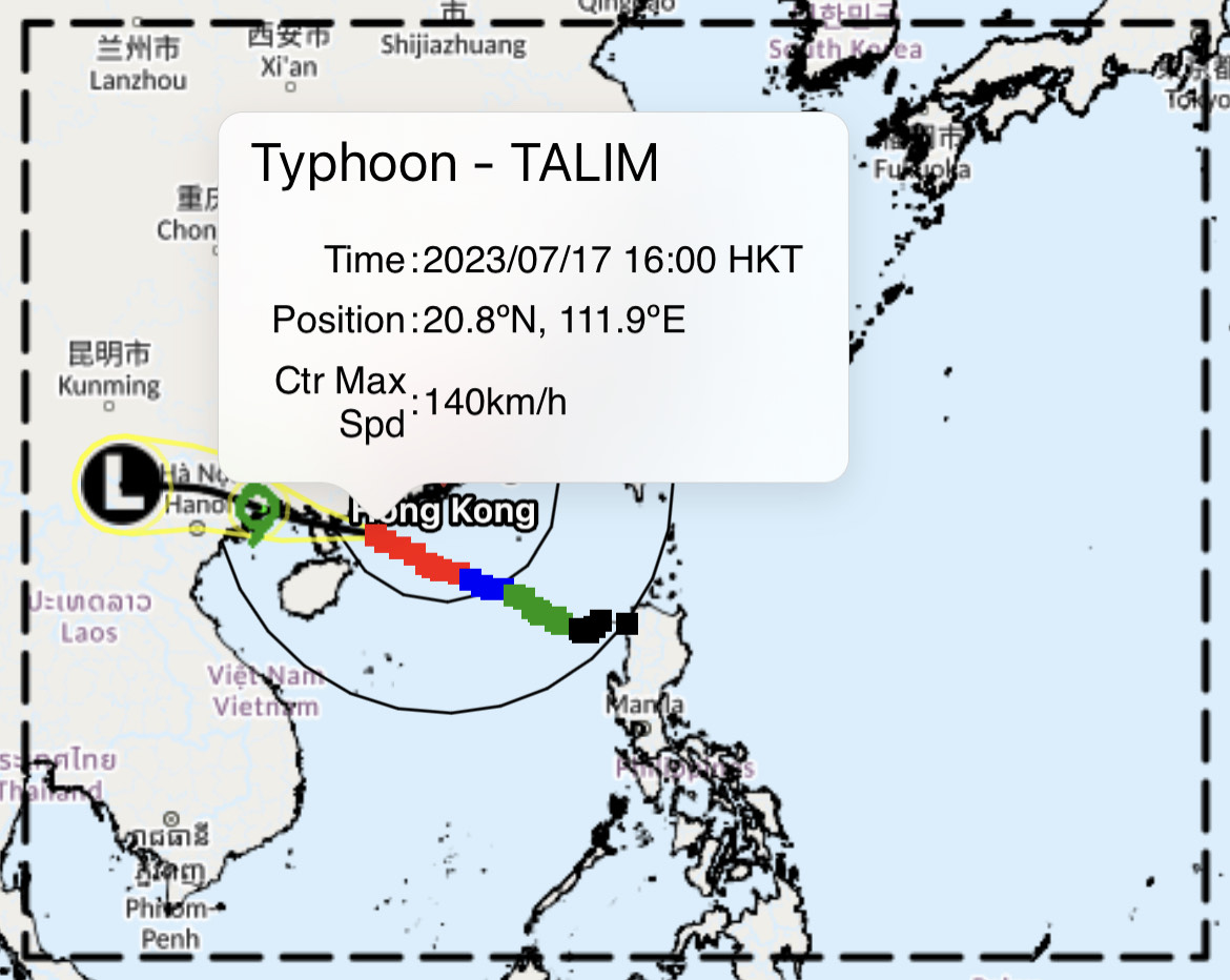 A screenshot showing the path of Typhoon Talim in respect to Hong Kong on July 17, 2023.