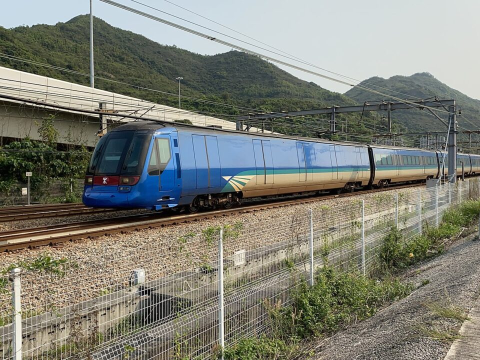 The Hong Kong Airport Express with its trademark blue-and-red livery.
