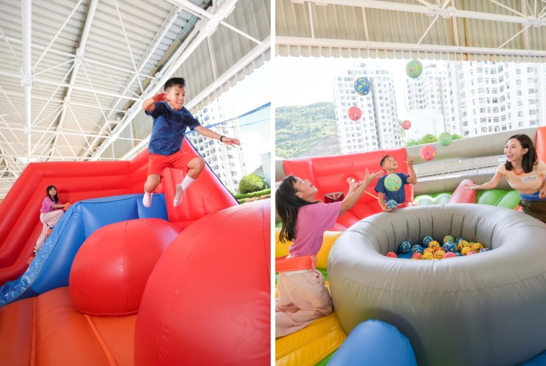 A collage showing people playing on inflatable play areas. On the right, two children play a game that tests balance skills. On the right, three people play a life-size version of Hungry Hippo.