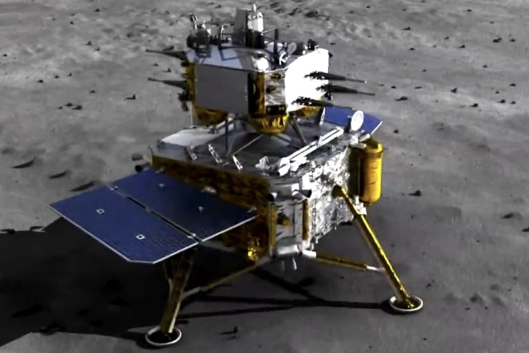The ascender (or descender) and lander assembly of Chang'e-5 on the moon surface.