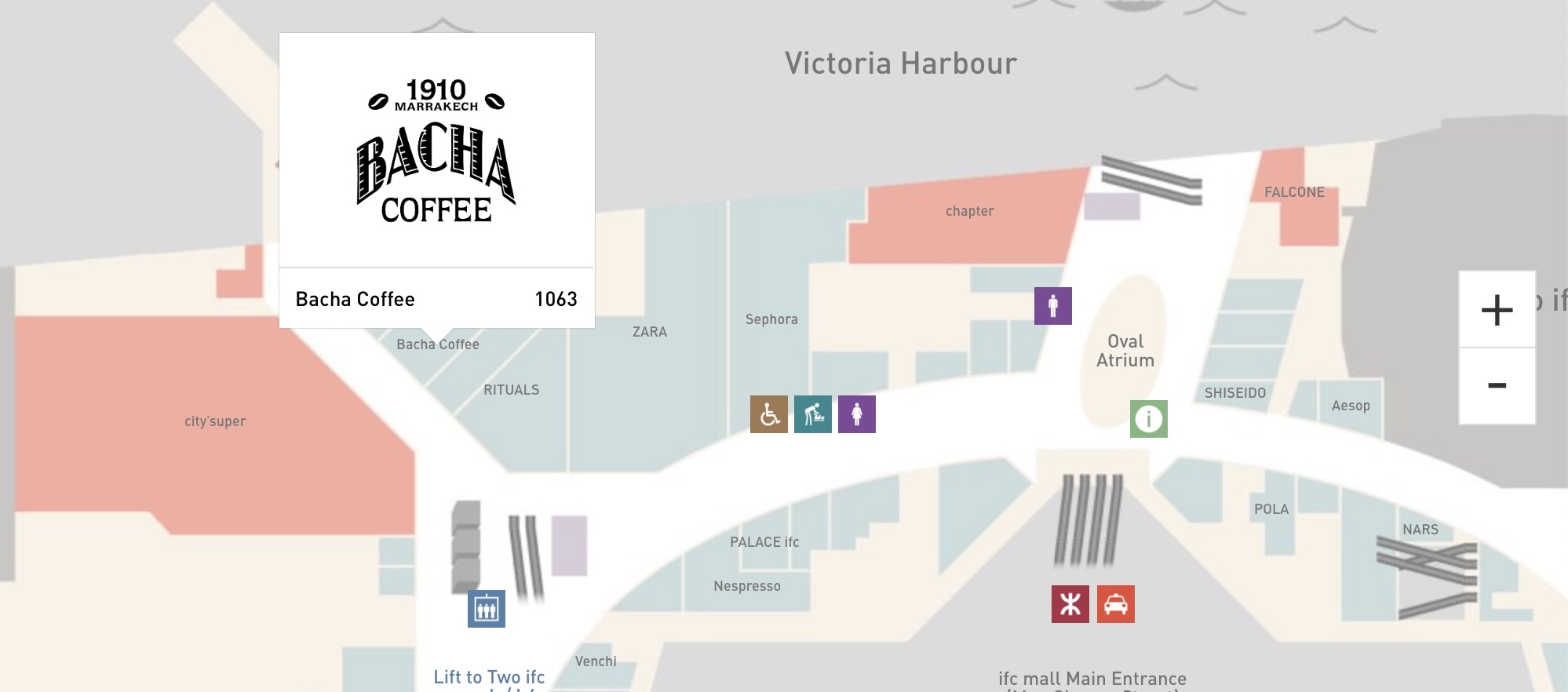 A screenshot of a map showing the Bacha Coffee location in IFC Mall.
