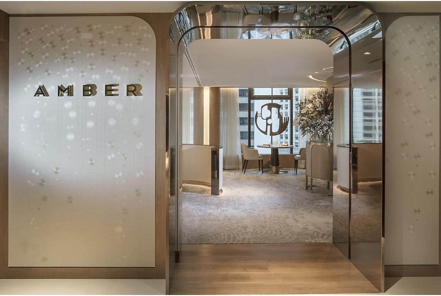 entrance of amber, the contemporary french restaurant at the landmark mandarin oriental hotel in central