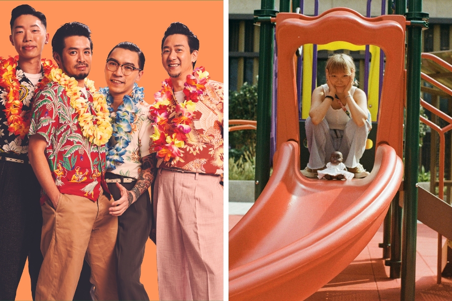 A collage showing two images of musical acts who will perform at the Better With Beer festival. The image on the left shows four members of The Boogie Playboys, who are all standing, wearing floral shirts and garlands, and neutral-coloured trousers. The image on the right shows Gwenji, who is sitting at the top of a slide at a playground with her hands supporting her head and elbows resting on her knees.