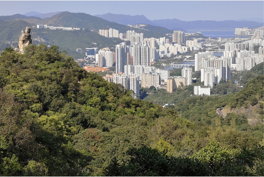 Amah Rock, on the left side of the image, overlooks the township of Sha Tin. The rock is named so as it resembles a woman carrying her baby piggyback.