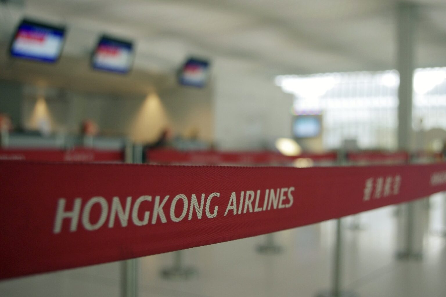 The Hong Kong Airlines check-in counters at Hong Kong International Airport.