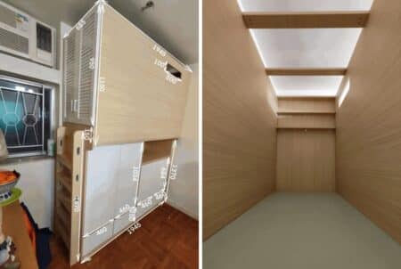 A collage showing two images of a combination bed meant for helpers. The image on the left shows the exterior of the cupboard-bed with its dimensions marked. The image on the right shows the interior of the upper half of the unit.