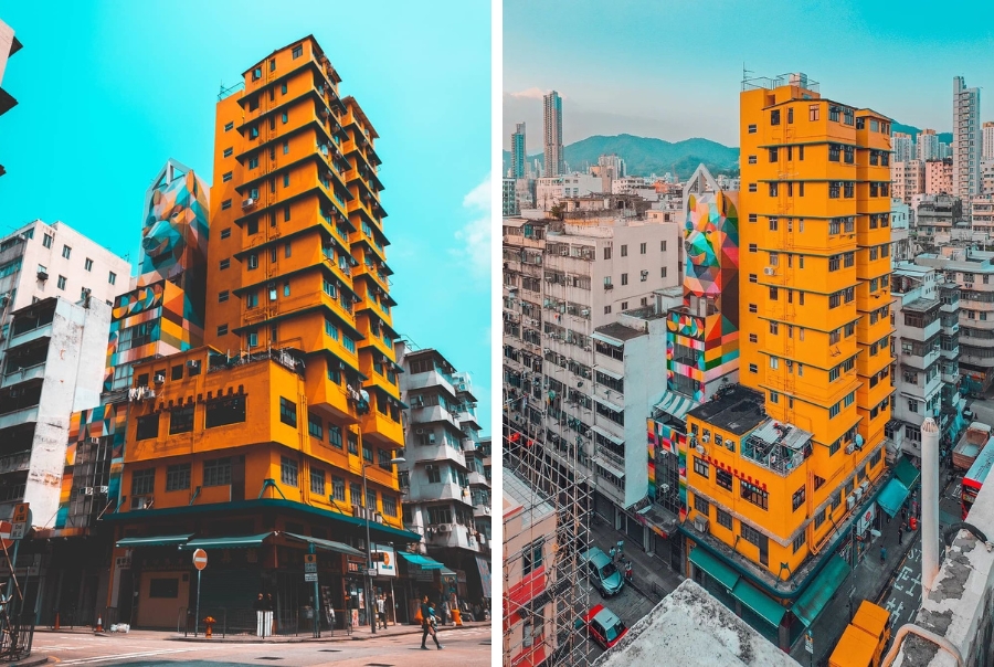 A collage showing two images of Man Fung and Kam Ning buildings in Hong Kong. The one on the left shows a street view of the structures and the one on the right shows the buildings photographed from the rooftop of another building. Man Fung Building is painted in geometric shapes to form the face of a fox. Kam Ning building is an all-yellow edifice.