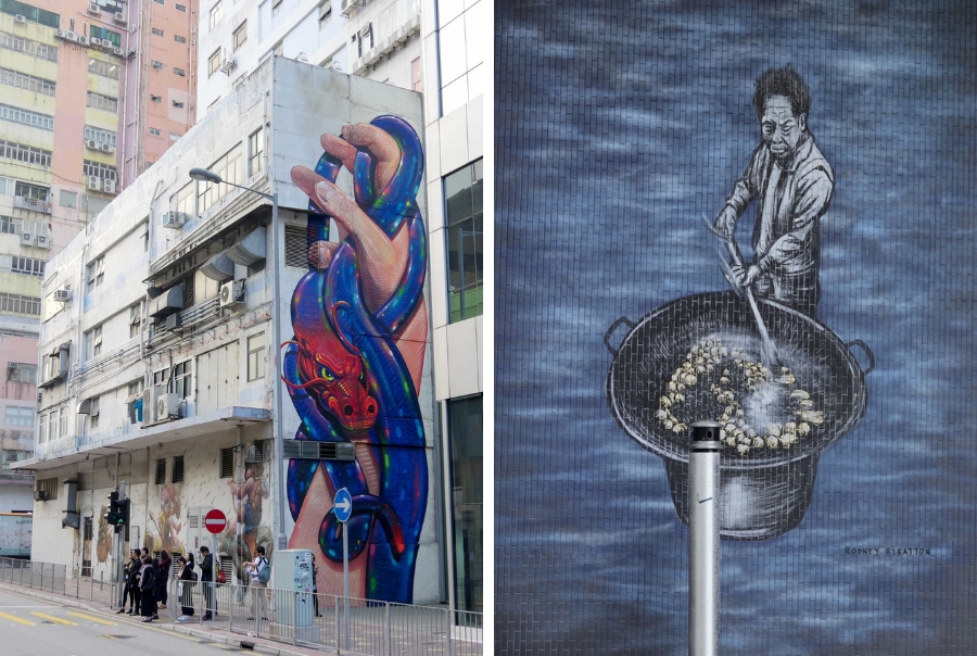 A collage showing two murals in the neighbourhood of Wong Chuk Hang. The one on the left shows a dragon-serpant hybrid creature entwined around a person's hand on the side of a building. The building is in front of a street and pedestrians stand in front of it waiting to cross the road. The one on the right shows a man stirring food in a wok, set against a blue background.