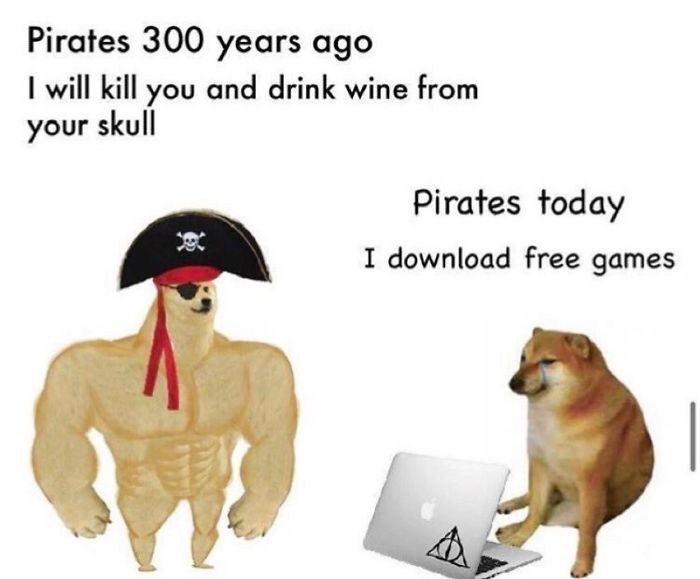 A meme showing two Shiba Inu dogs. The image on the left shows a muscular dog with a pirate hat, bandana, and eye patch. The image on the right shows a dog sitting down in front of a laptop with a Deathly Hallows sticker, with tears photoshopped onto its face.