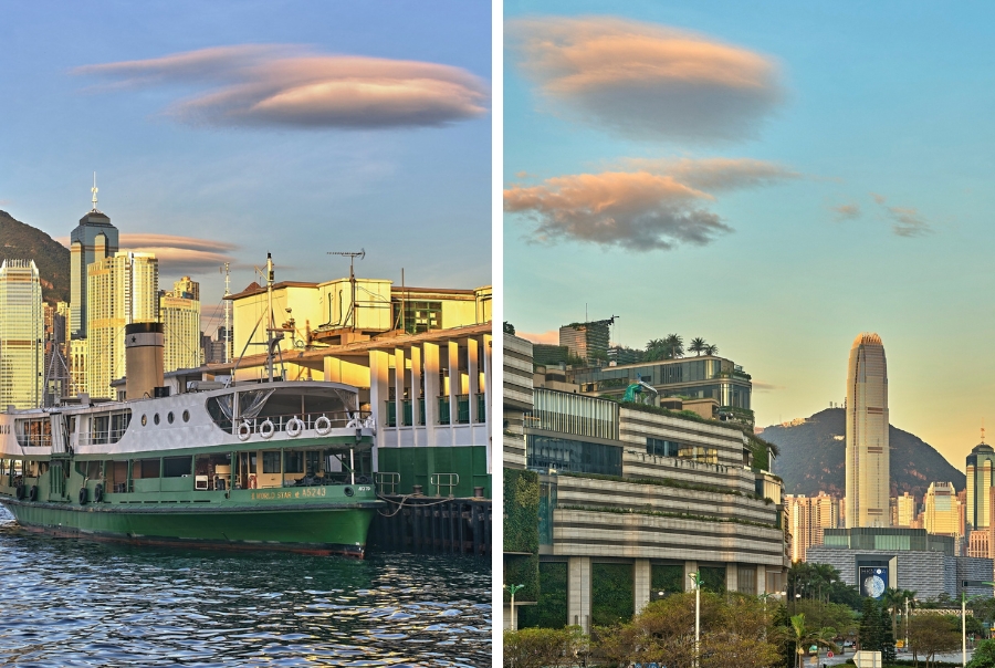 A collage showing two images of lenticular clouds over the Hong Kong. The image on the left shows the clouds over the Star Ferry pier with the Hong Kong Island skyline in the background. The second image shows more scattered versions of the clouds over the city.
