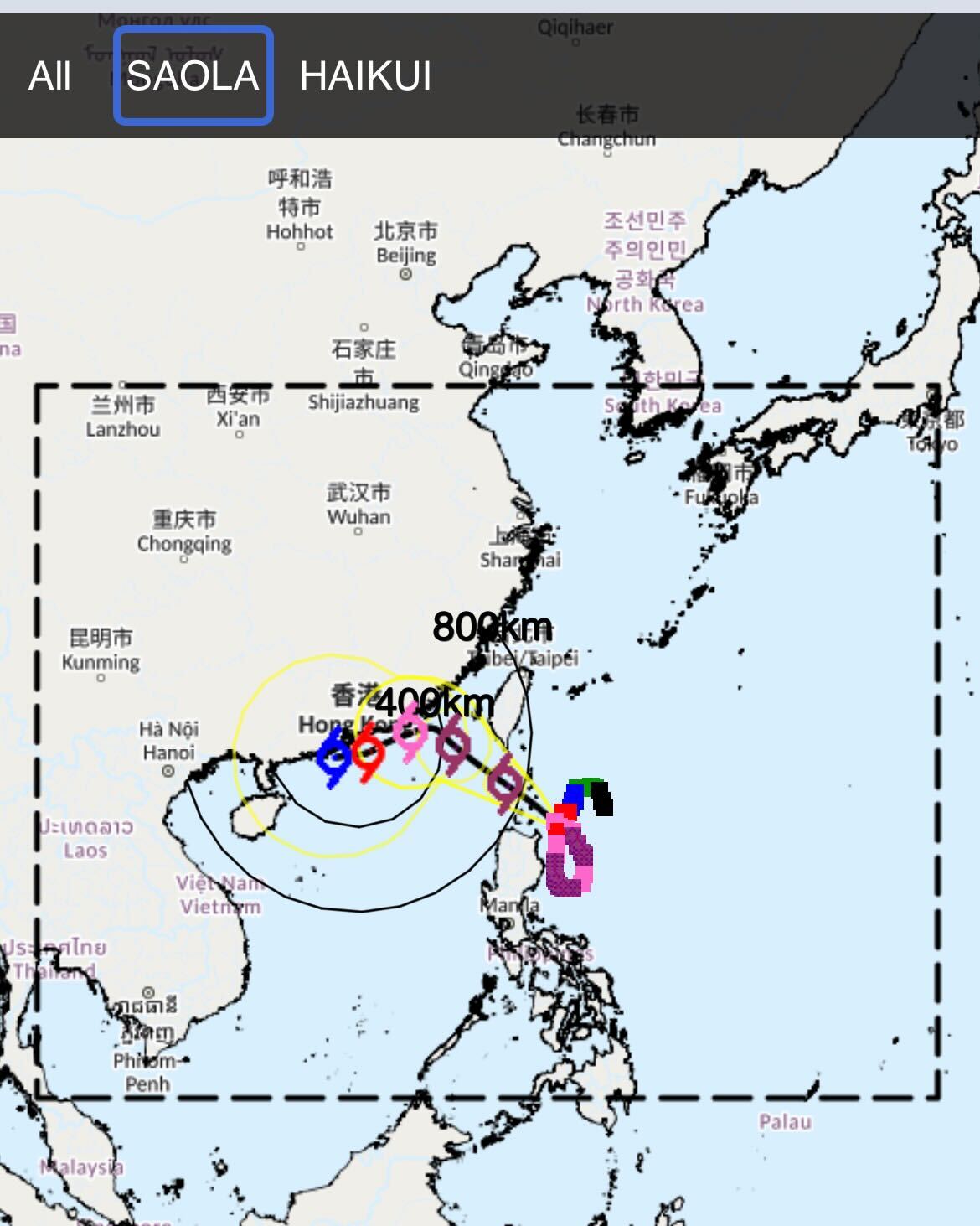 A screenshot from the Hong Kong Observatory showing the track of Tropical Cyclone Saola.