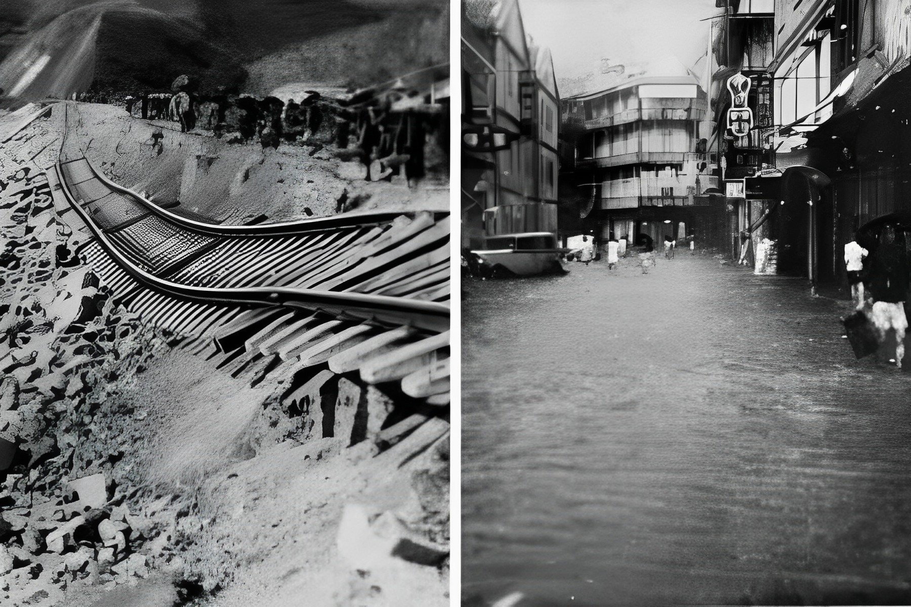A collage of two black-and-white images showing the damage done to key areas of Hong Kong during the 1937 typhoon. The image on the left shows how the track of the Kowloon-Canton Railway went askew. The image on the right shows flooding on Hillier Sreet in. Sheung Wan.