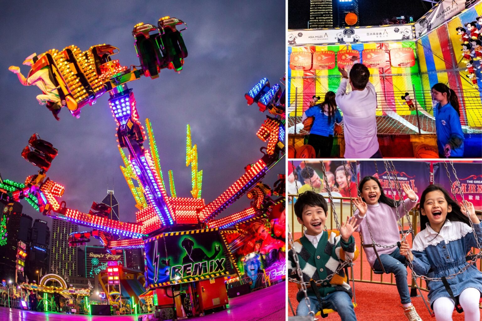 a collage showing the rides and games at the aia carnival in hong kong