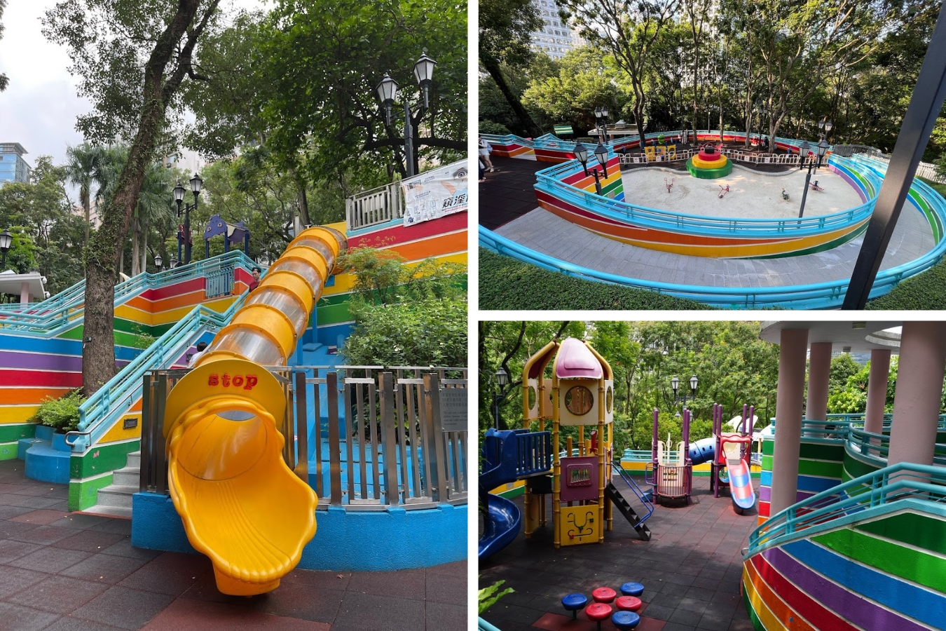 a collage showing three different images with the different play areas in hong kong park. the one on the right shows a tube slide, the upper right one shows a sand pit, and the lower right one shows the different slides in the playground.