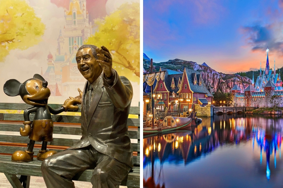 a collage showing two images of hong kong disneyland. the image on the left shows the dream makers statue with mickey mouse and walt disney. the image on the right shows the world of frozen.