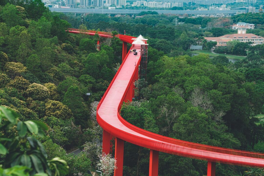 iconic red bridge at hongiqao park shenzhen
