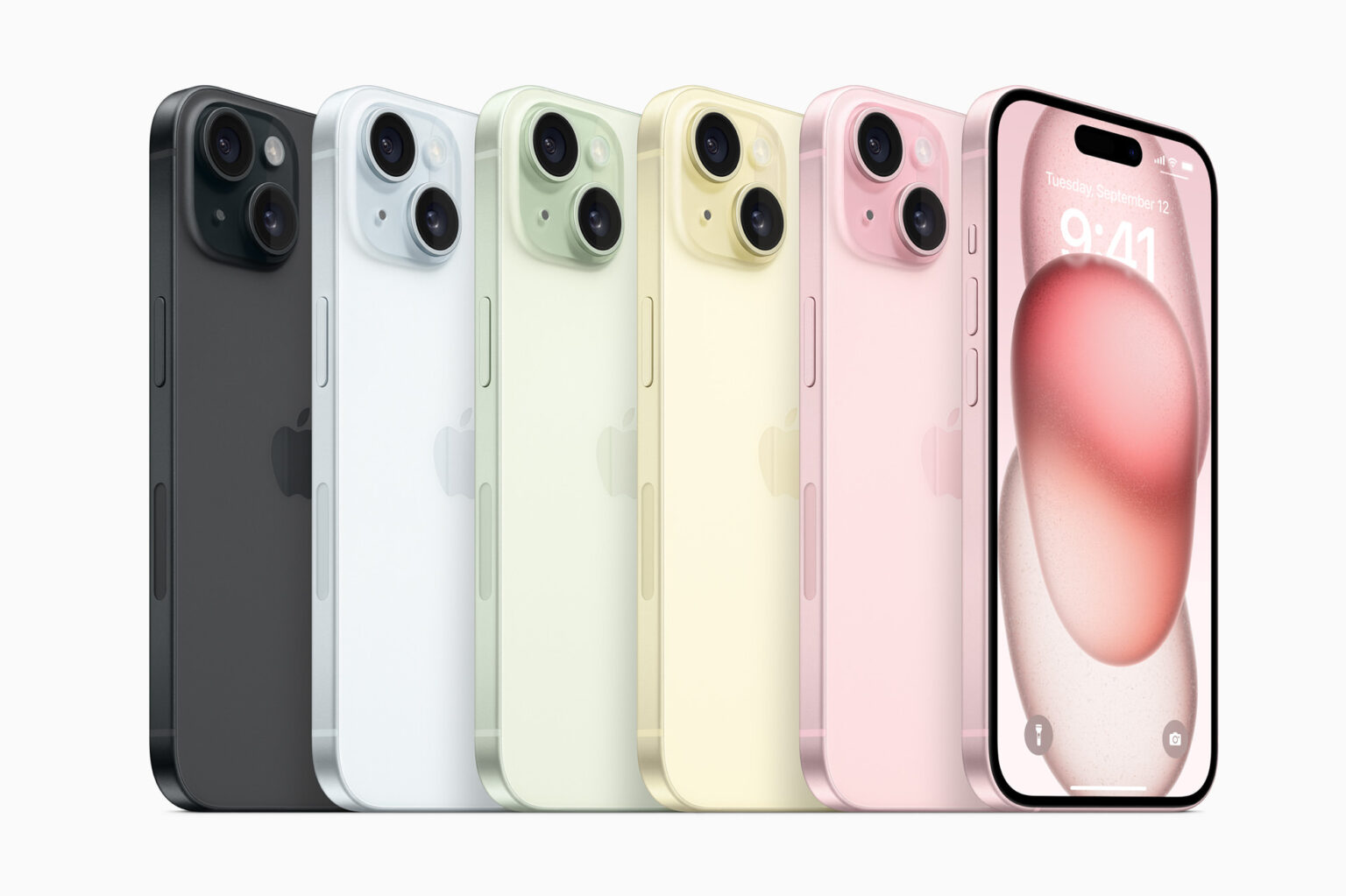 a lineup of the iphone 15 models in black, blue, greem, yellow, and pink
