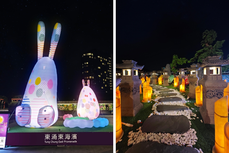 a collage showing two images. the image on the left shows a "twin rabbits" lantern display, and the image on the right shows a bamboo garden at the happy moon lantern festival.
