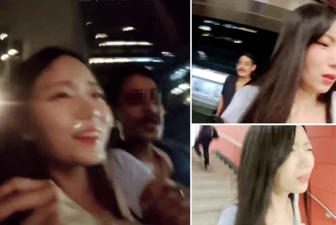 a collage showing a woman being assaulted in a train station in hong kong