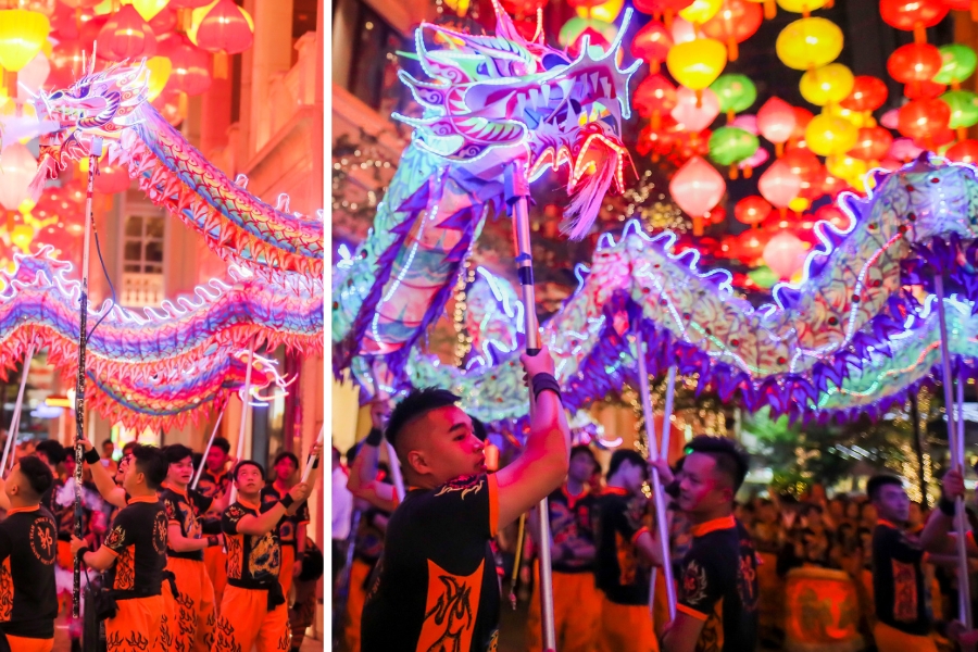 a collage of two images, both showing dragon dance team members holding up a dragon made out of led lights