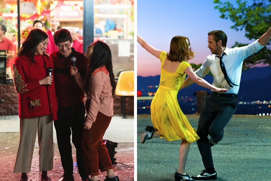 a collage showing film stills from two movies. the image on the left shows a film still of the primary cast of everything everywhere all at once. the image on the right shows a film still with the main actors of la la land.