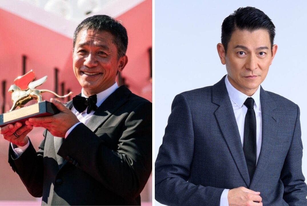 A collage showing Tony Leung on the left holding up his Lifetime Achievement Award in Venice, and Andy Lau on the right.