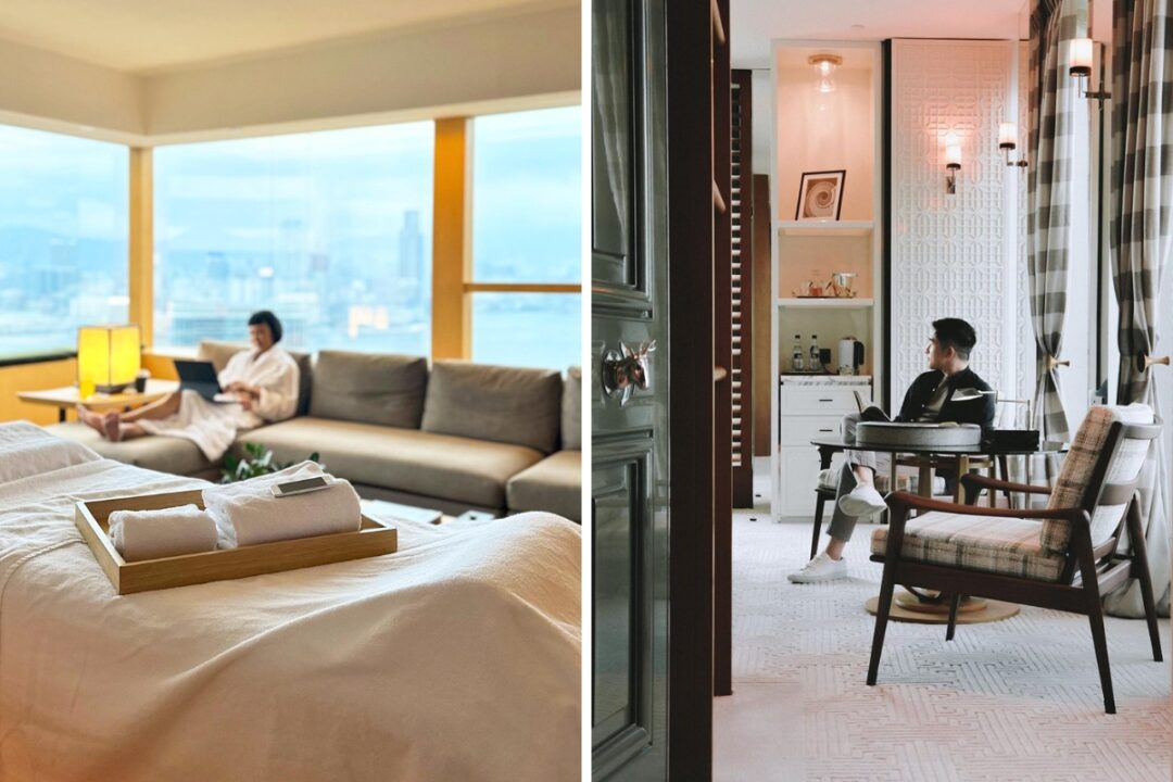 a collage showing two hotel rooms in hong kong. the image on the left shows a woman sitting in on a couch in a room at the upper house. the image on the right shows a man sitting in a chair in a room in the rosewood.