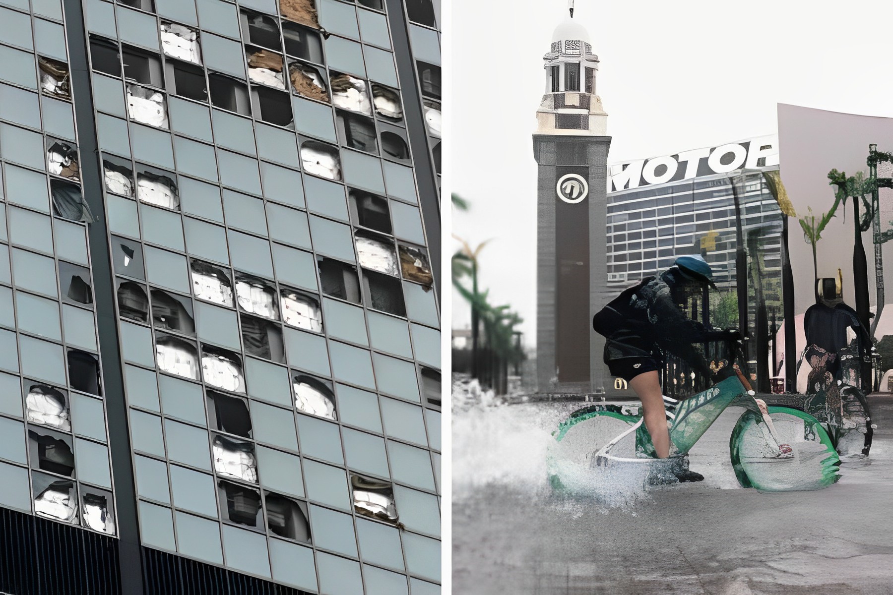 A collage showing two images related to Typhoon York. The first shows shattered windows of the Inland Revenue Office. The second shows two men cycling through the rain in Tsim Sha Tsui.