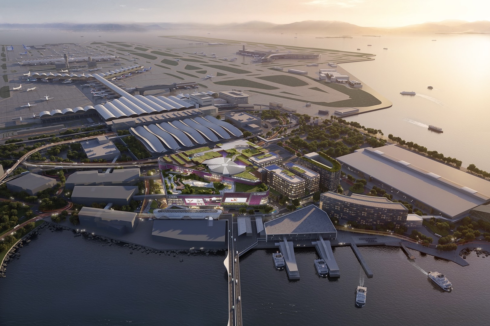 an overhead view of what 11 skies will look like when it opens in 2025. the mall and office complex is in the foreground and the hong kong international airport is in the background.