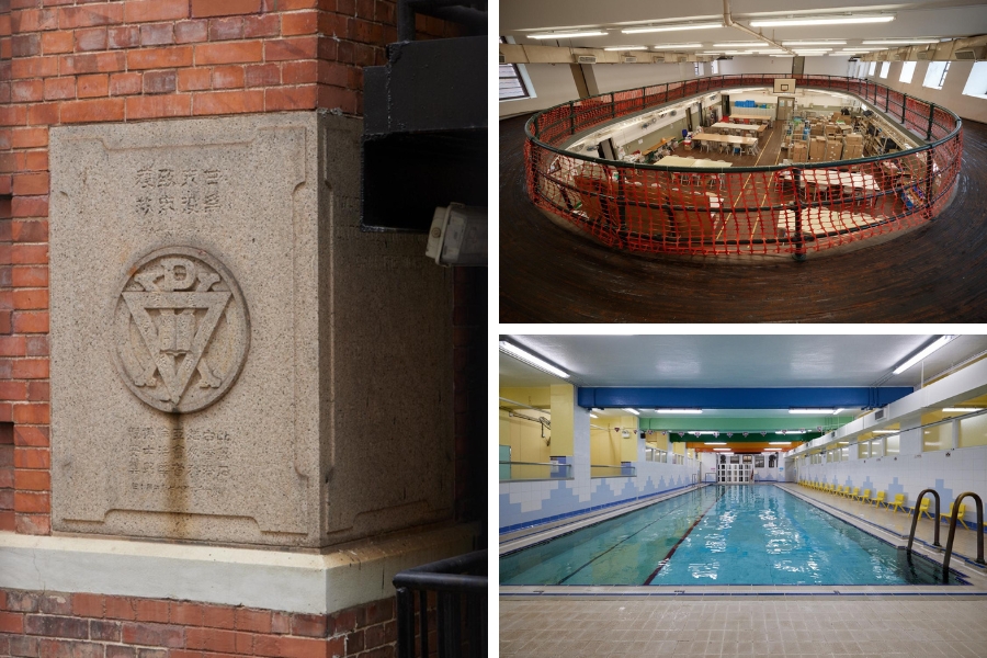 foundation stone of chinese ymca of hong kong, running track, and heated indoor swiming pool