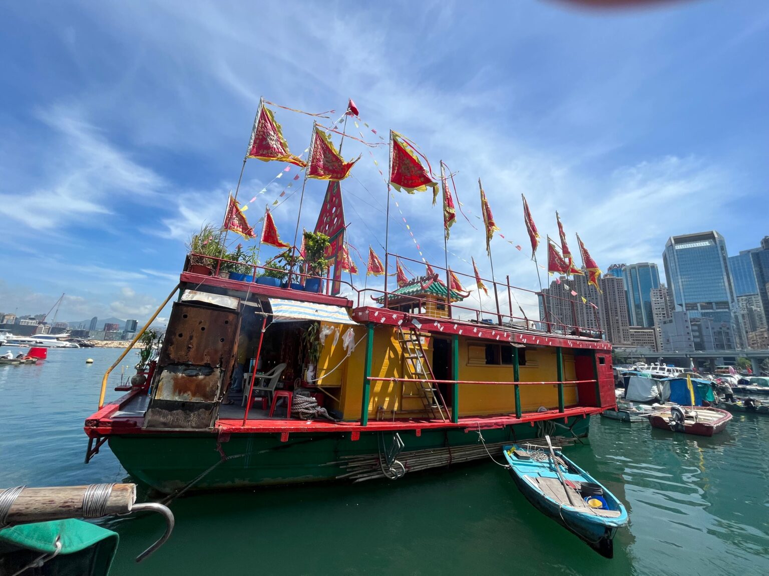 the floating tin hau temple at the causeway bay typhoon shelter in hong kong
