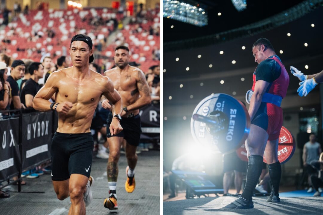 men racing at the hyrox challenge and a man in a deadlift competition