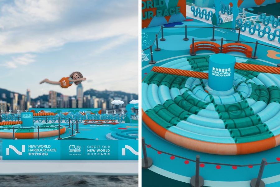 the 'wondering swimmer' installation and the harbour bounce attraction