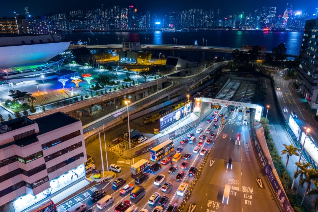 overhead view of cross harbour tunnel at night