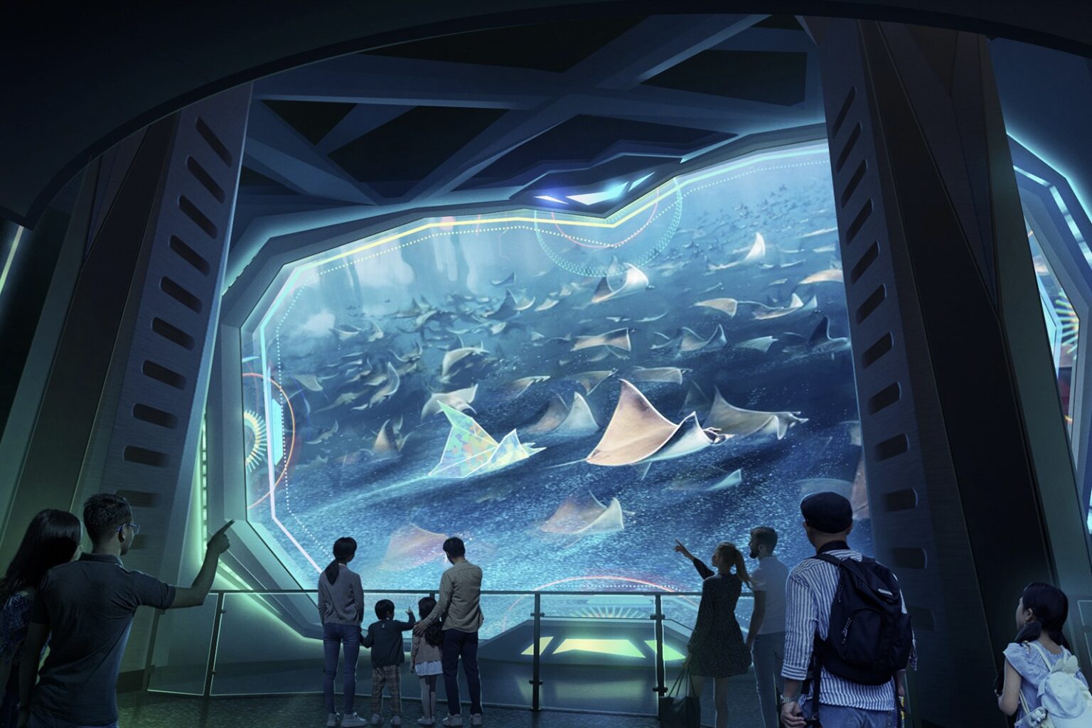 an artist's impression of vquarium, which shows visitors in front of a virtual aquarium