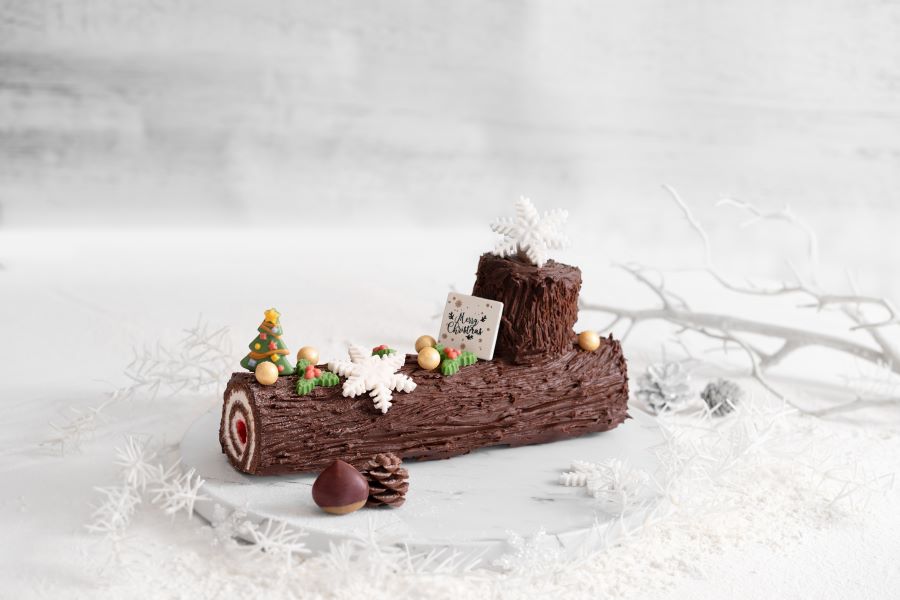traditional Chocolate Raspberry Yule Log Cake
