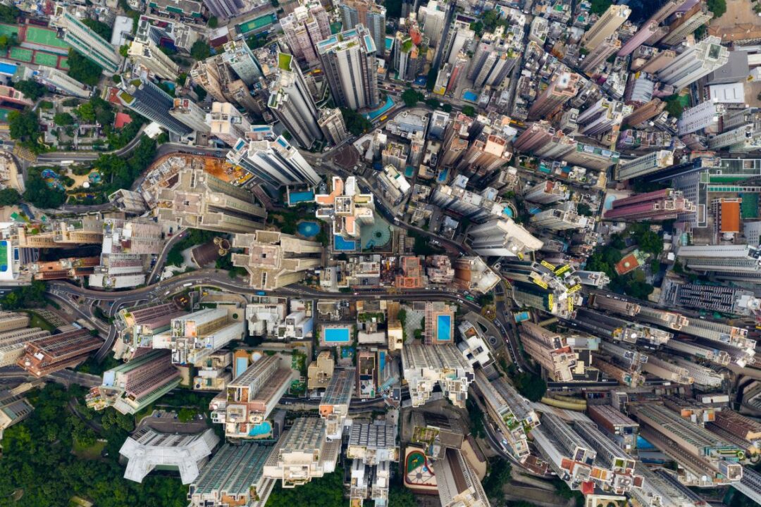 central hong kong buildings and skyscrapers bird-eye view