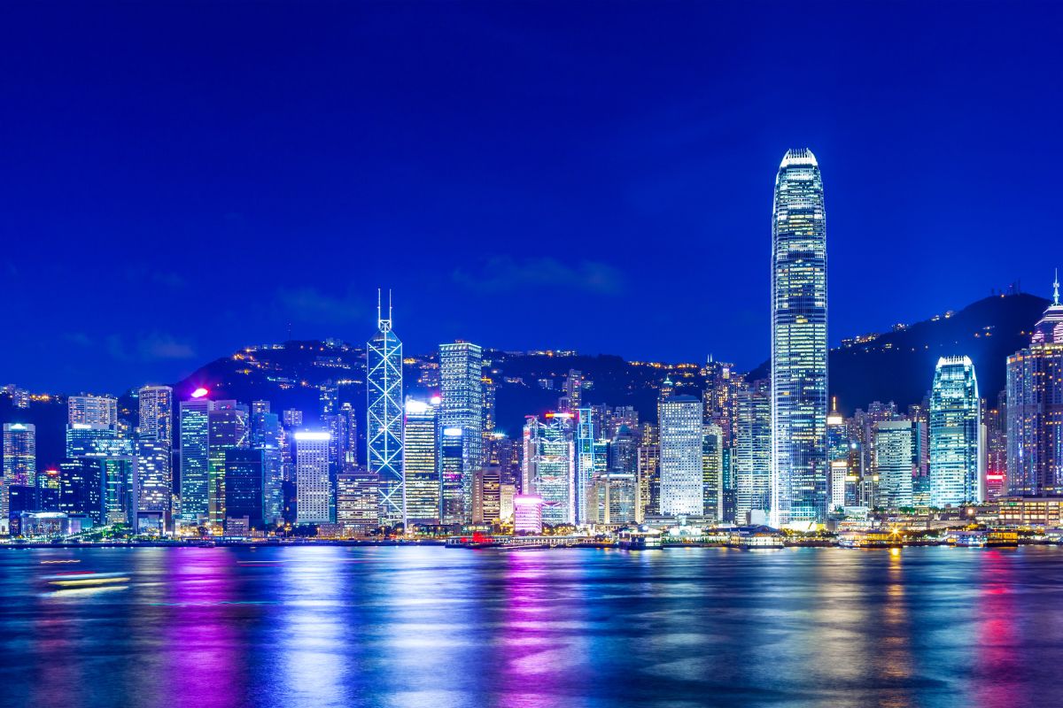 Hong Kong skyline at night with visual effects
