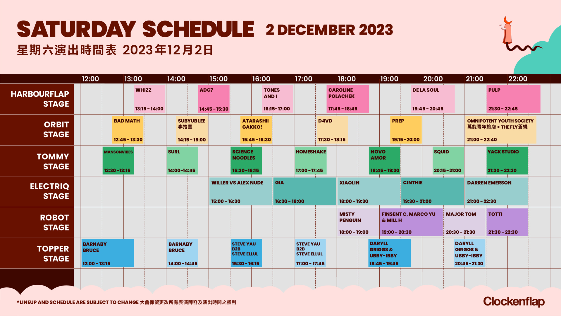 saturday schedule clockenflap december 2023