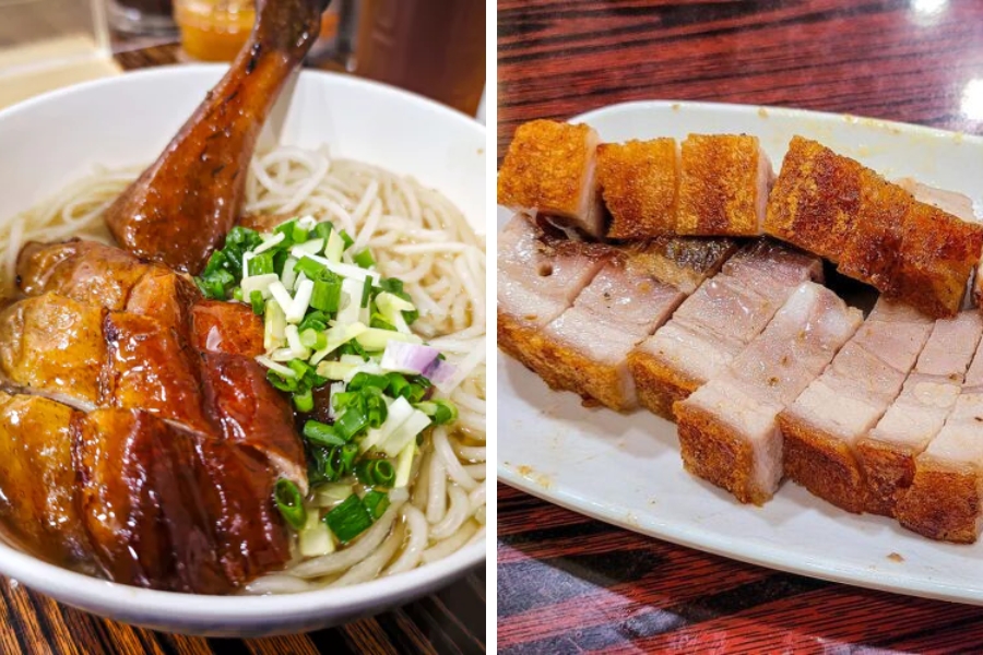 po kee restaurant hong kong roast goose with rice noodles and char siu