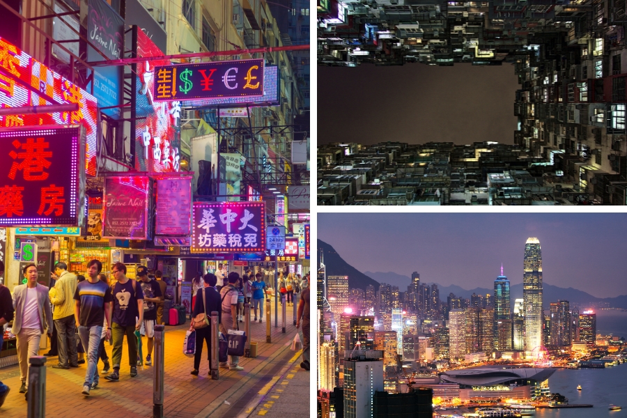 hong kong neon signs, monster building, braemar hill at night