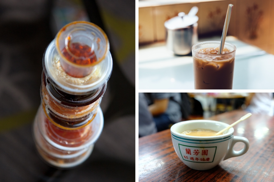 disposable condiments containers, a glass of iced coffee with a plastic straw, and a cup of coffee with a plastic stirrer