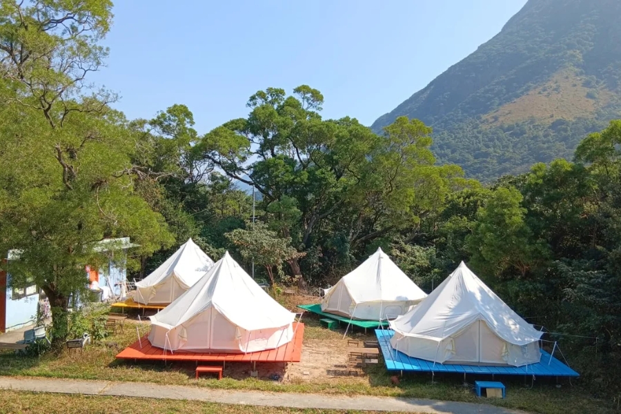the bell tents on the grounds of the YHA ngong ping sg davis youth hostel