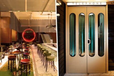 the interior of mo bar and the telephone booth of please don't tell speakeasy bar in central